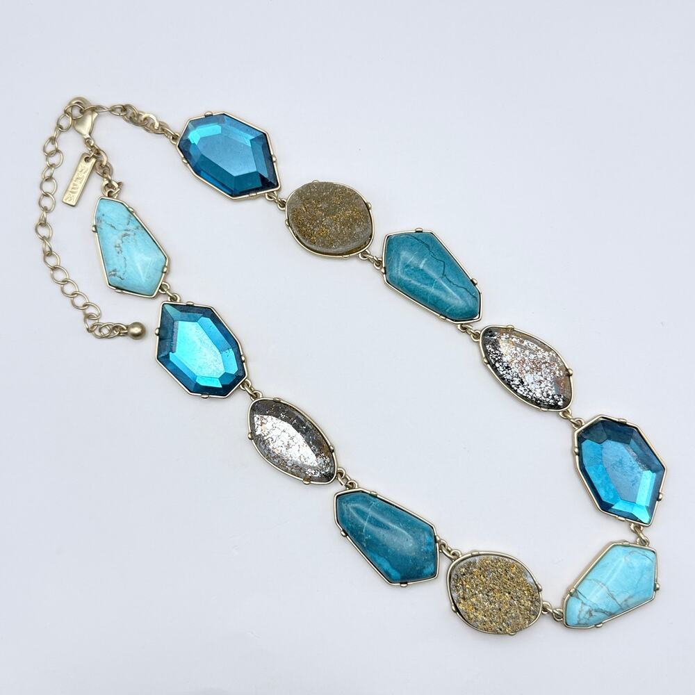 White House Black Market Druzy Faux Turquoise Blue Chunky Gemstone Necklace 17"